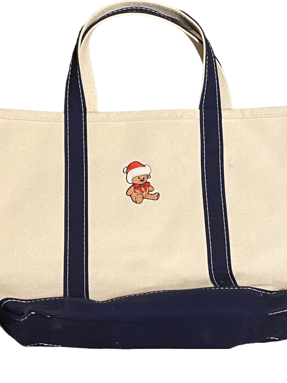 Vintage 90s LL Bean Boat & Tote Canvas Tote Bag Navy Blue & Cream Christmas Bear